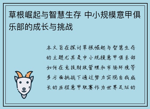 草根崛起与智慧生存 中小规模意甲俱乐部的成长与挑战